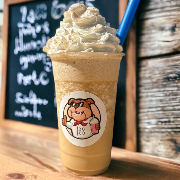 Big Dogs' frozen drink with whipped cream, cinnamon, and a blue straw, on a wooden counter.